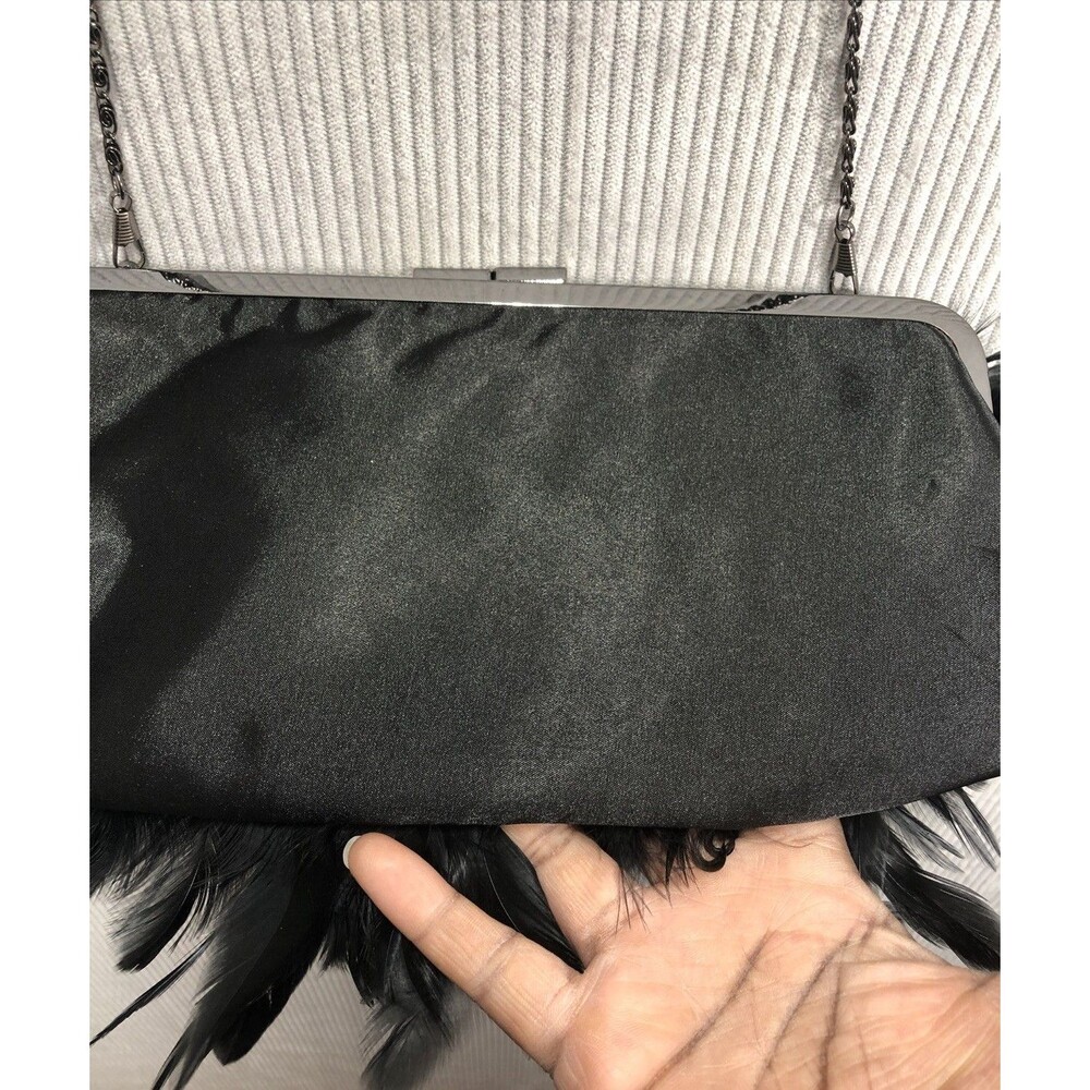 Black Feather Rhinestone Clutch Purse Convertible Chain Shoulder Evening Bag - Picture 11 of 14